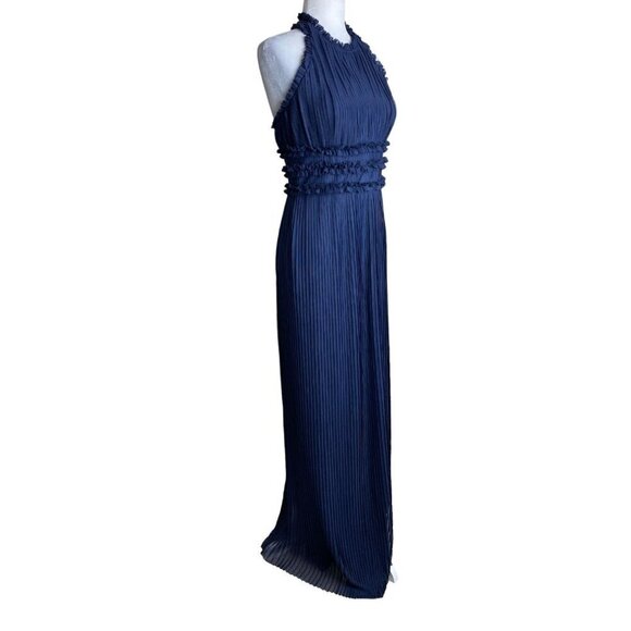 JS Collections Dark Blue Pleated Mesh Halter Maxi Gown Formal Prom Women's Sz 6 - Picture 6 of 13